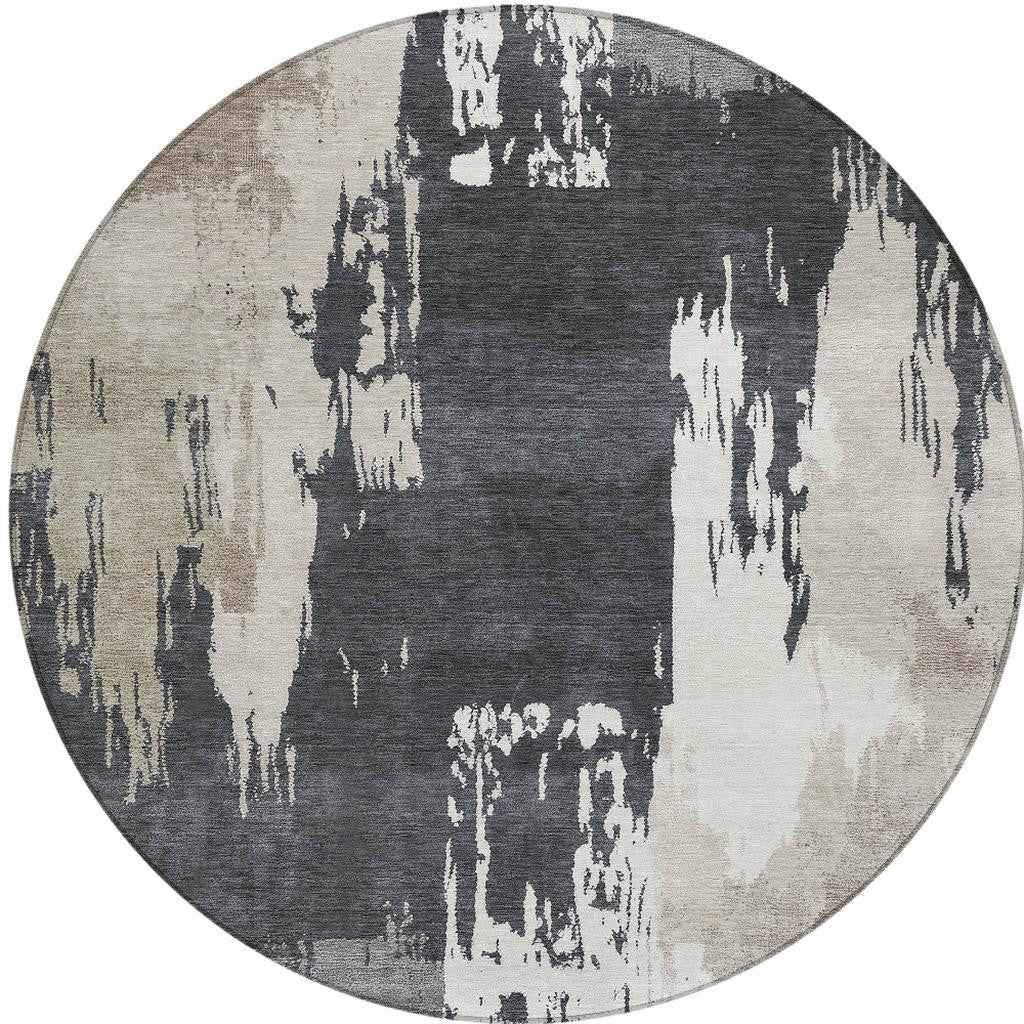 8' Charcoal Ivory And Beige Round Abstract Washable Indoor Outdoor Area Rug