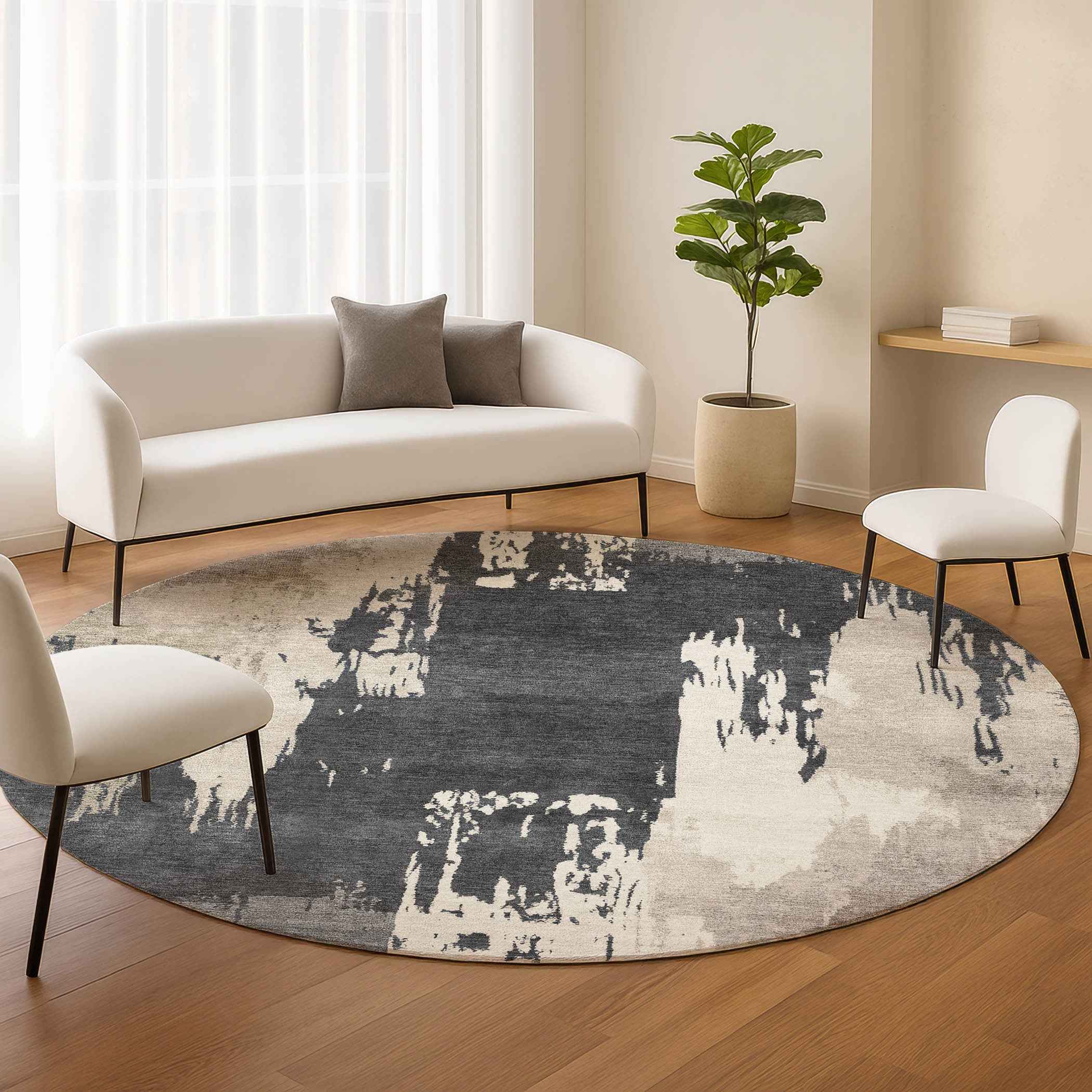 8' Charcoal Ivory And Beige Round Abstract Washable Indoor Outdoor Area Rug