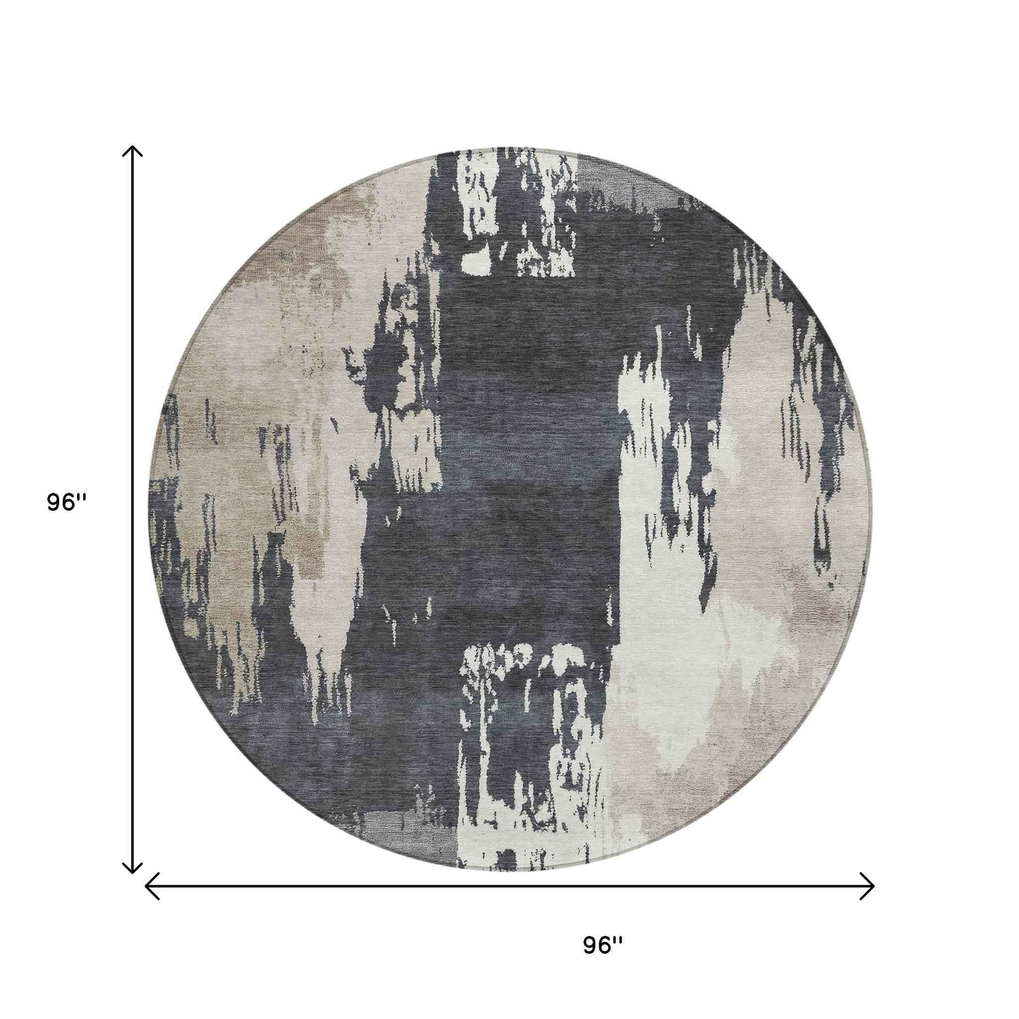 8' Charcoal Ivory And Beige Round Abstract Washable Indoor Outdoor Area Rug