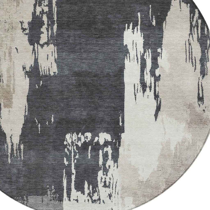 8' Charcoal Ivory And Beige Round Abstract Washable Indoor Outdoor Area Rug
