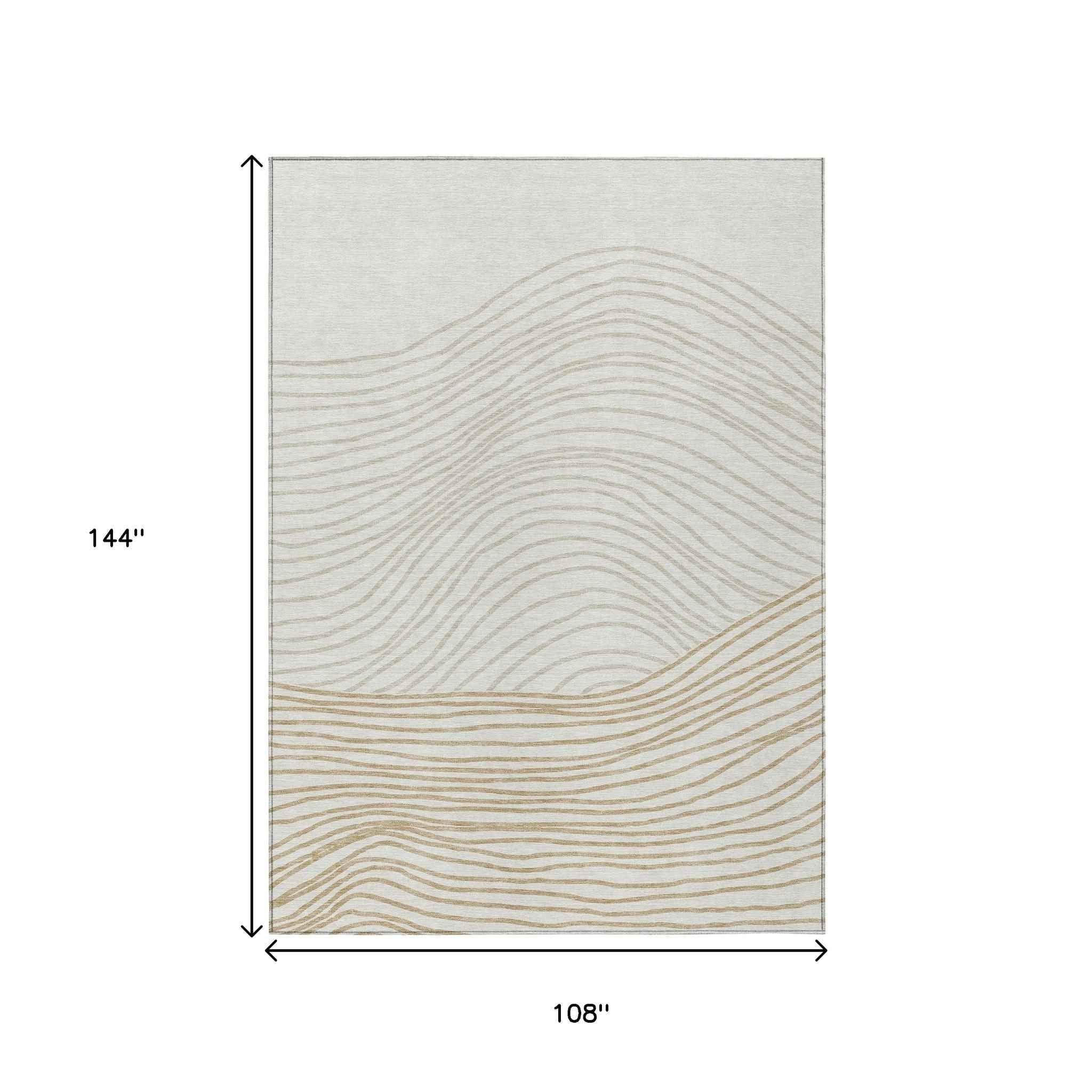 9' X 12' Ivory And Wheat Striped Washable Indoor Outdoor Area Rug