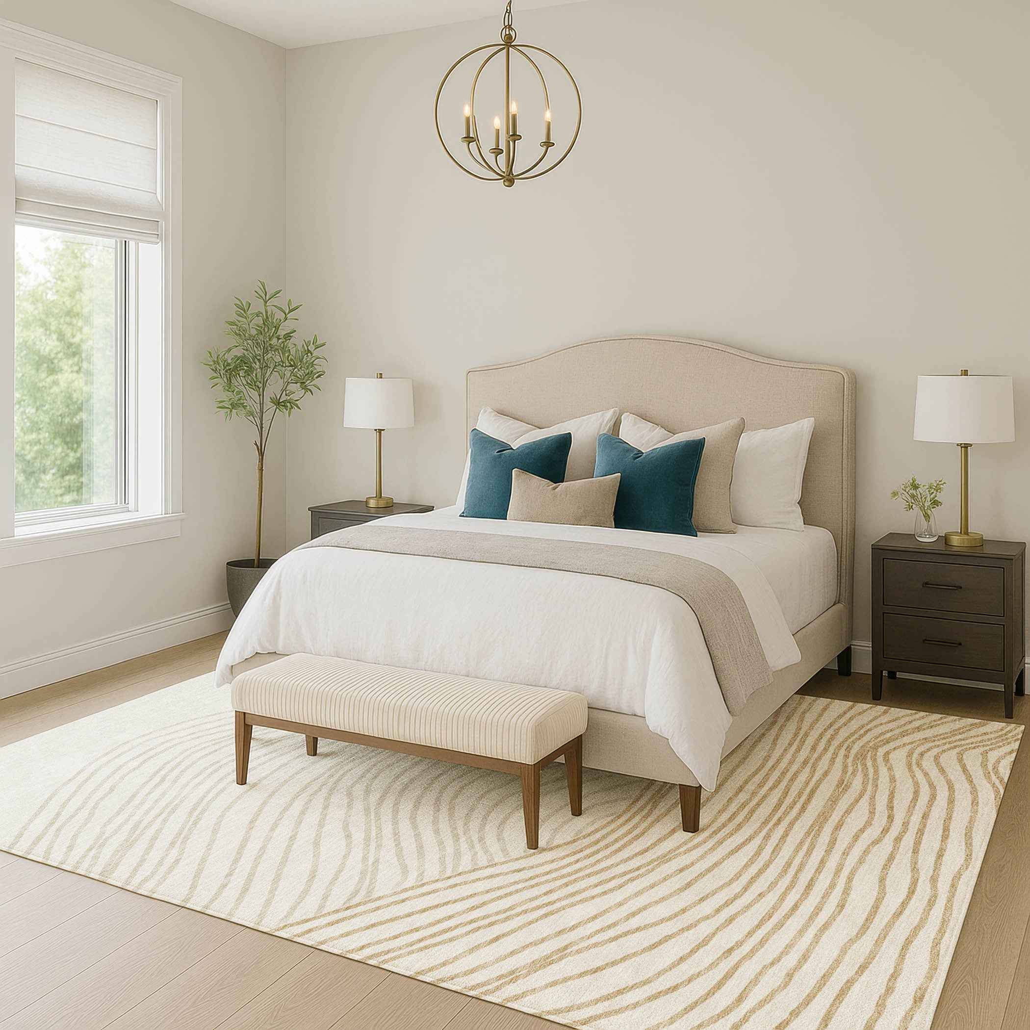 9' X 12' Ivory And Wheat Striped Washable Indoor Outdoor Area Rug