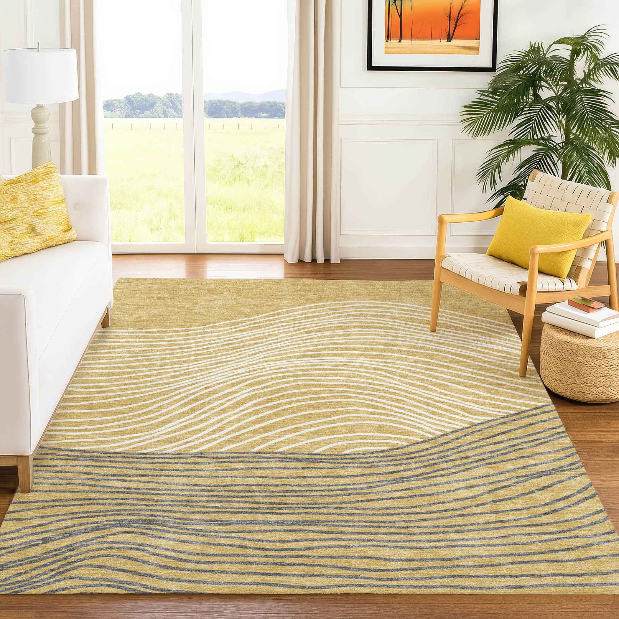 9' X 12' Gold Ivory And Charcoal Striped Washable Indoor Outdoor Area Rug