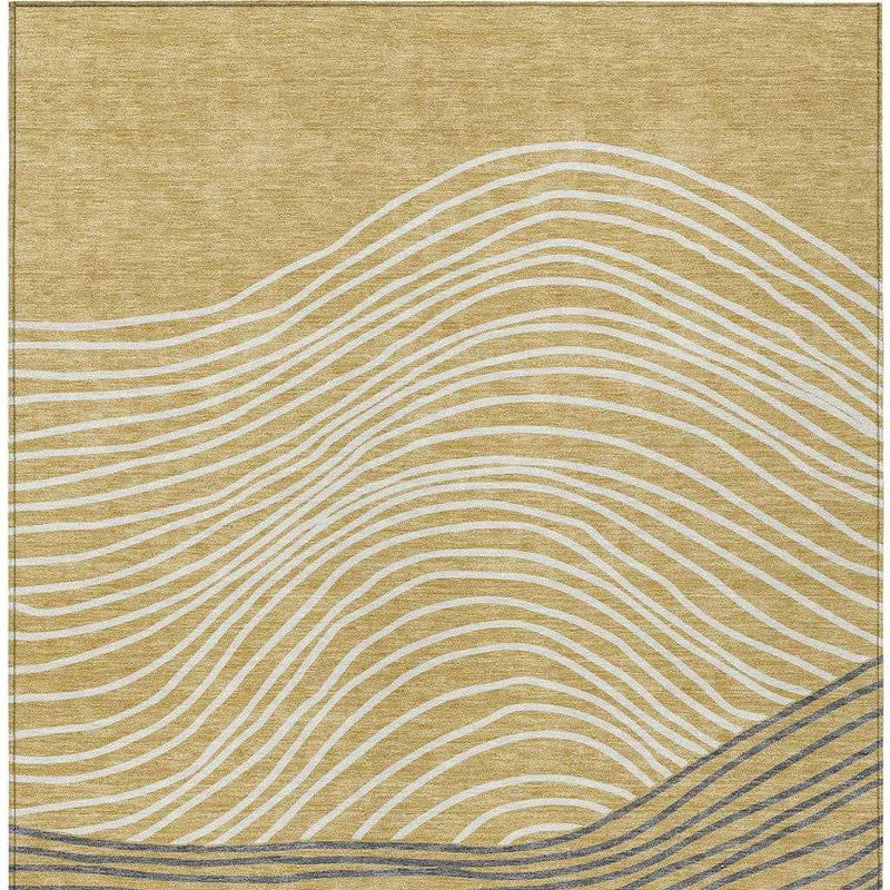 9' X 12' Gold Ivory And Charcoal Striped Washable Indoor Outdoor Area Rug