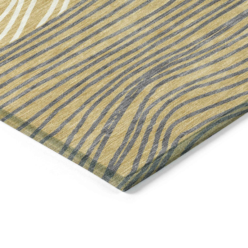 9' X 12' Gold Ivory And Charcoal Striped Washable Indoor Outdoor Area Rug