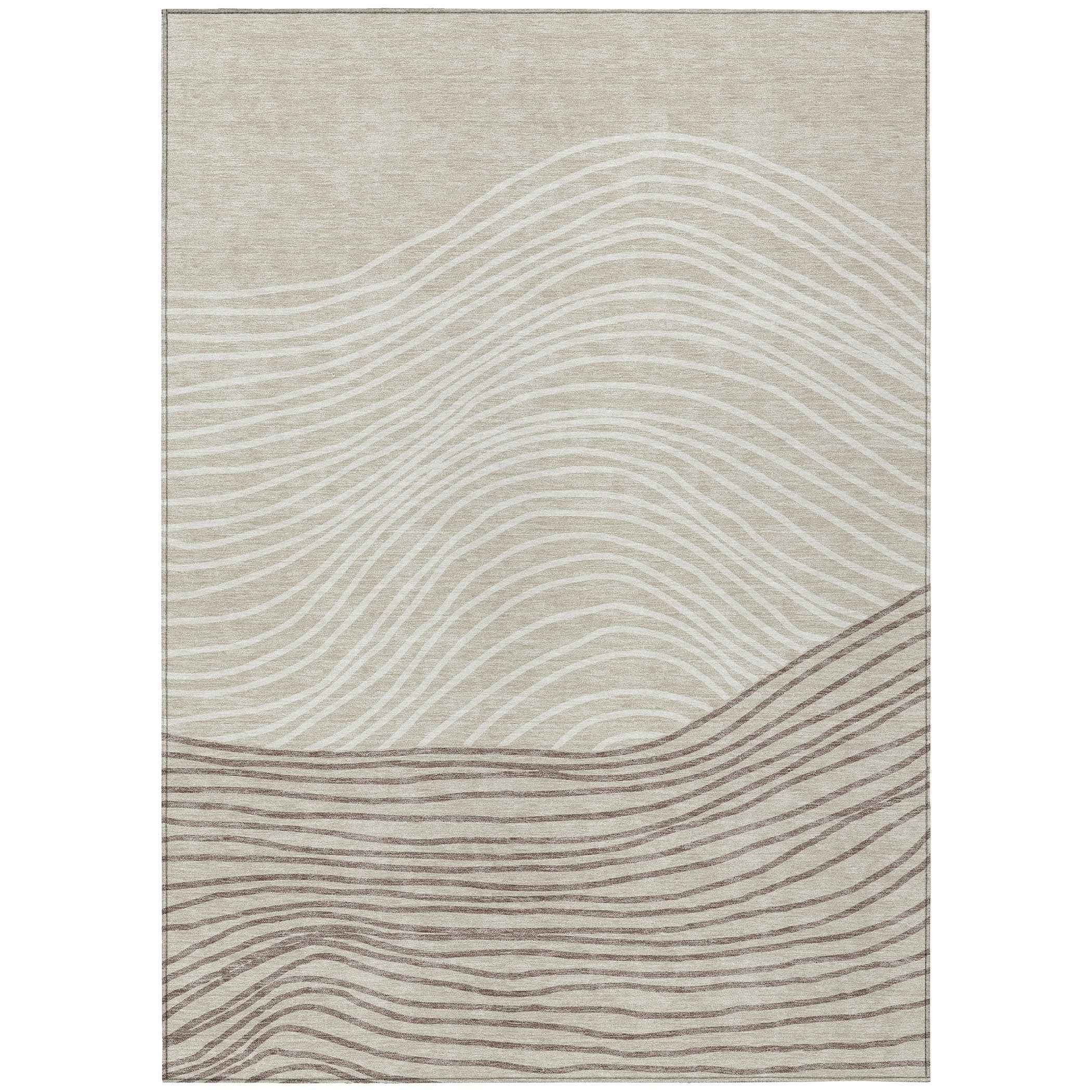 9' X 12' Beige Ivory And Brown Striped Washable Indoor Outdoor Area Rug