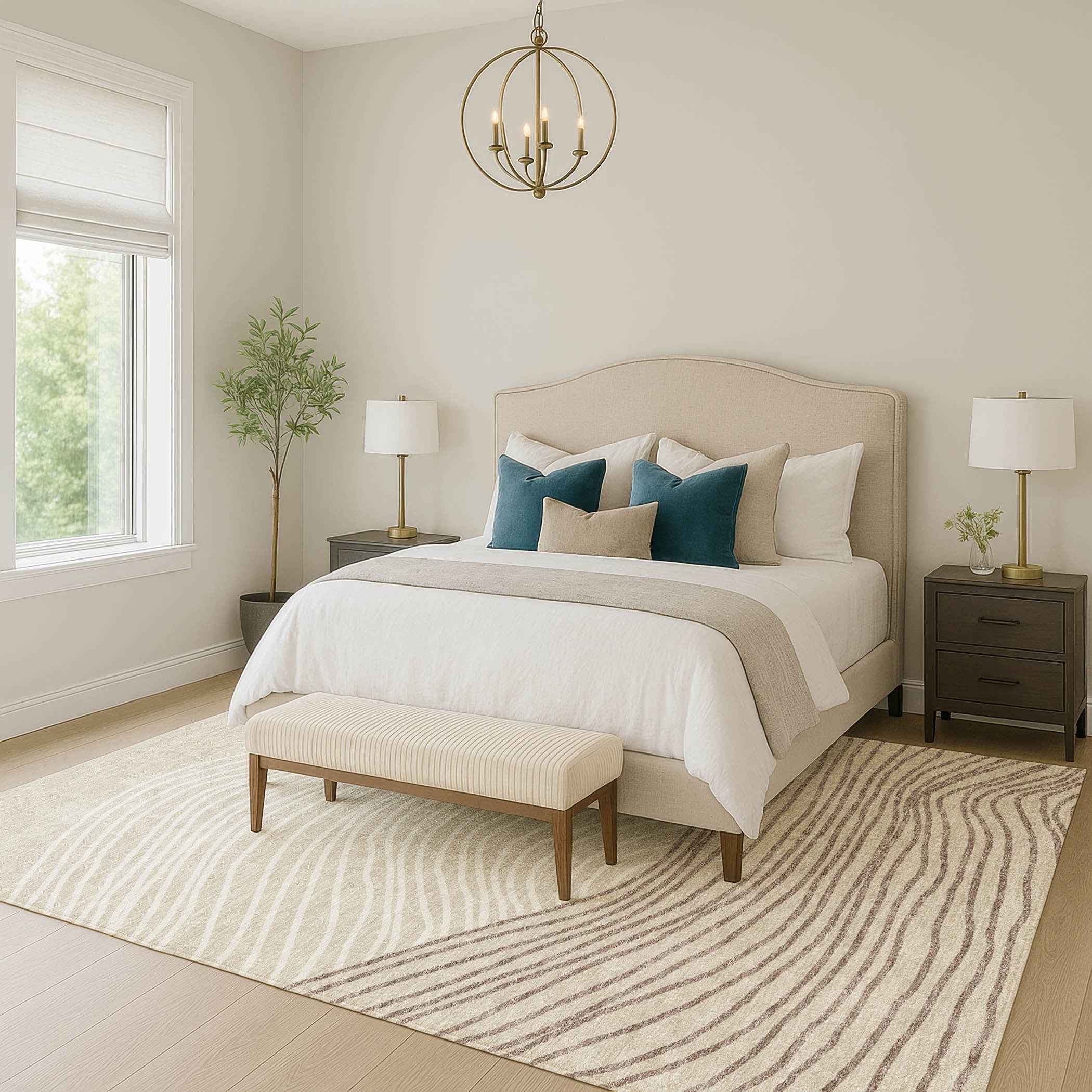 9' X 12' Beige Ivory And Brown Striped Washable Indoor Outdoor Area Rug