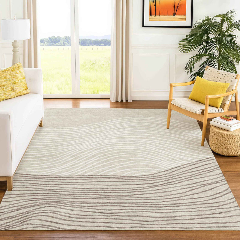 9' X 12' Beige Ivory And Brown Striped Washable Indoor Outdoor Area Rug