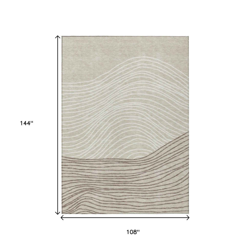 9' X 12' Beige Ivory And Brown Striped Washable Indoor Outdoor Area Rug