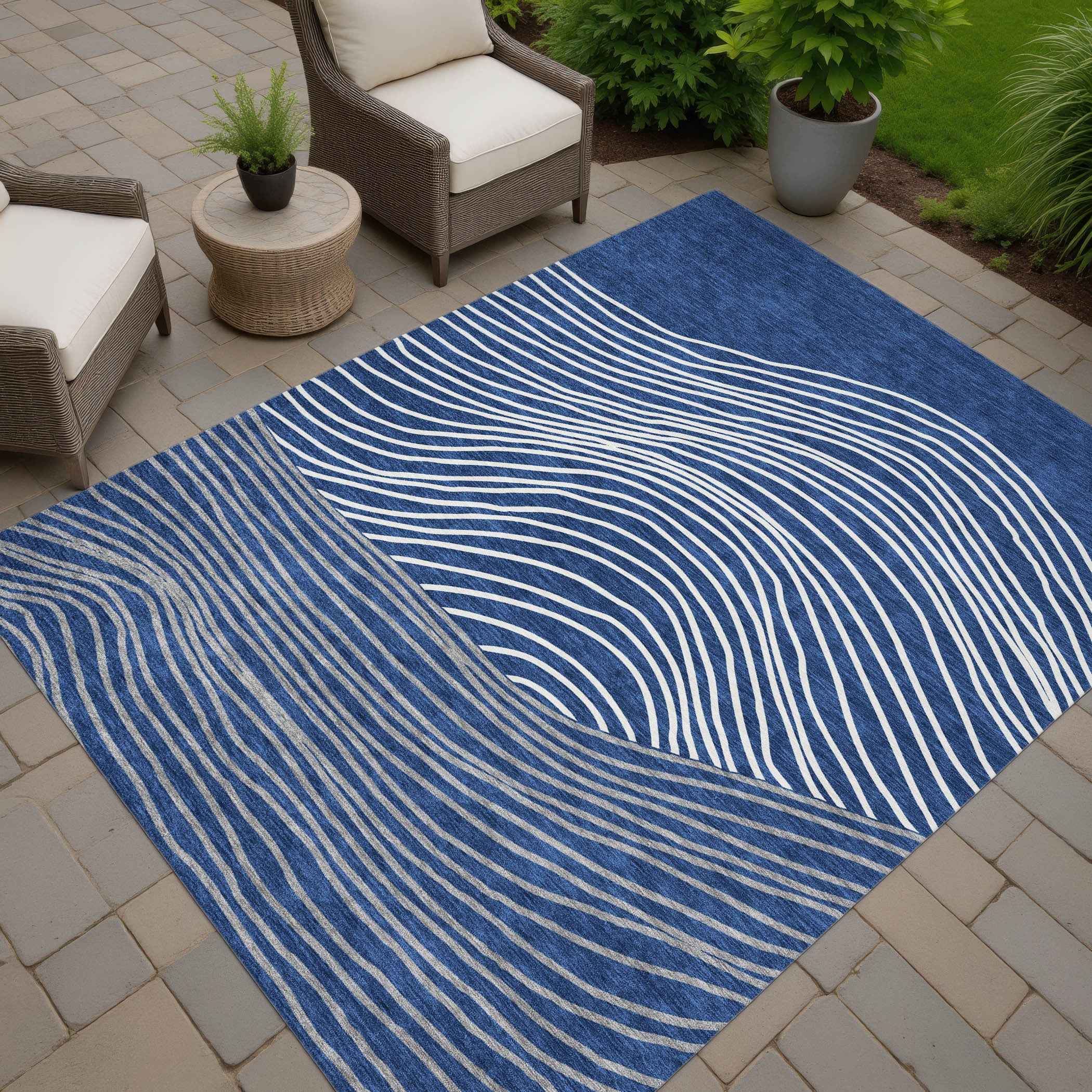 8' X 10' Navy Blue And Ivory Striped Washable Indoor Outdoor Area Rug