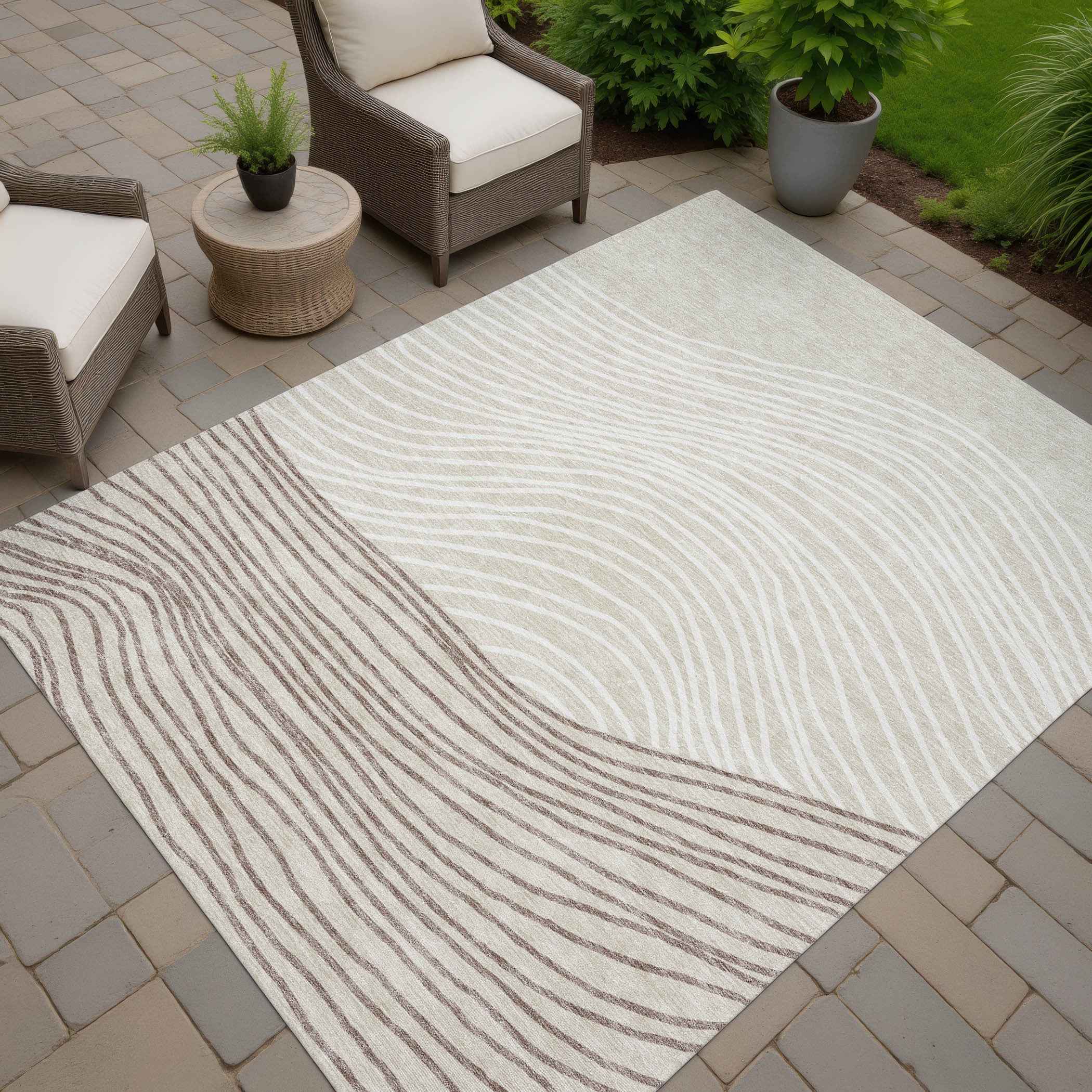 8' X 10' Beige Ivory And Brown Striped Washable Indoor Outdoor Area Rug