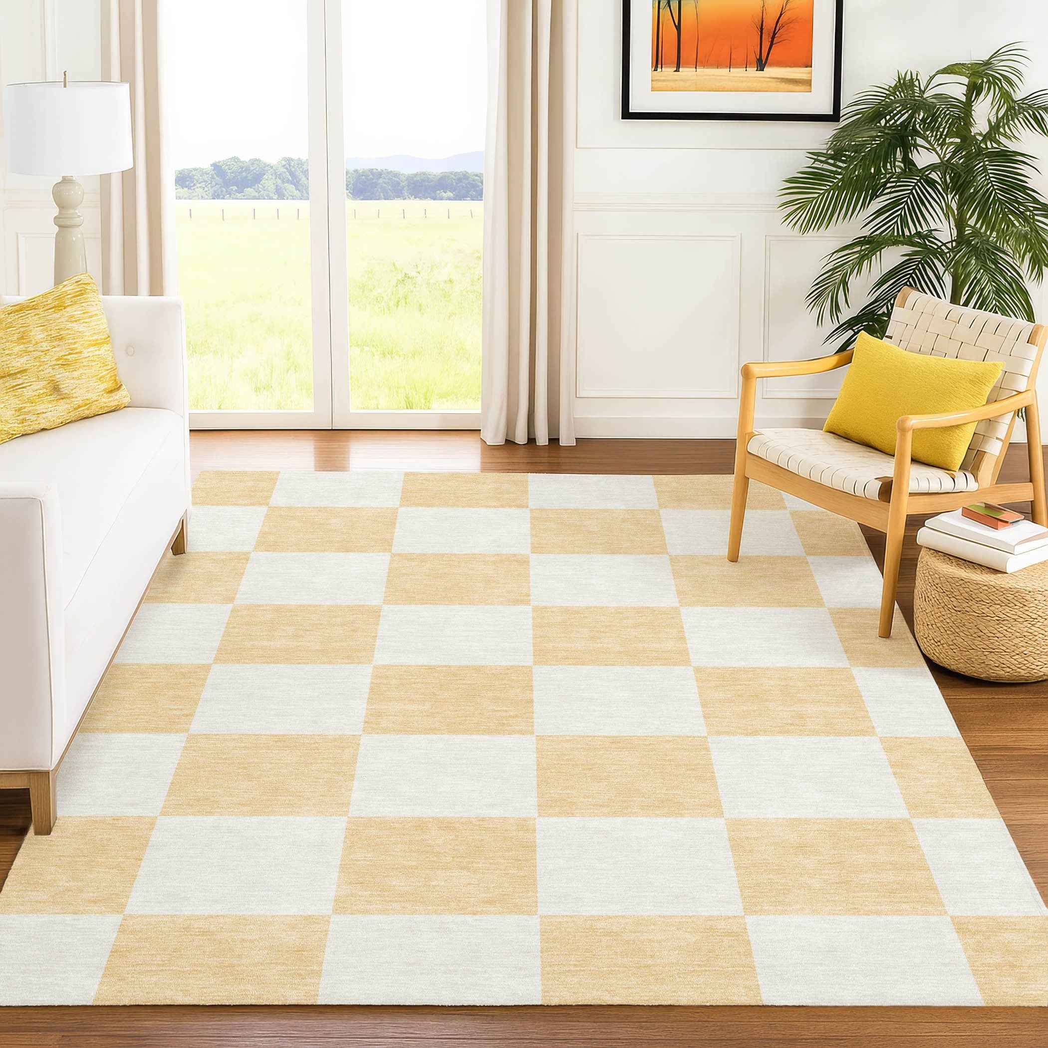 5' X 8' Peach And Beige Geometric Washable Indoor Outdoor Area Rug