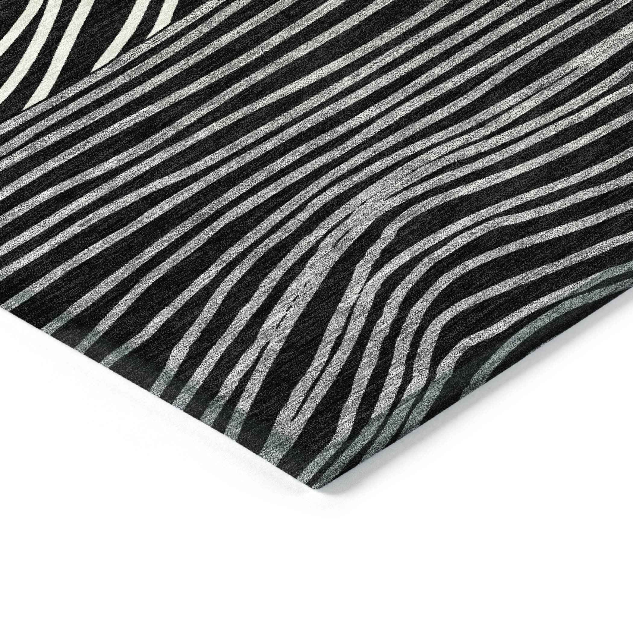 8' X 10' Black Ivory And Gray Striped Washable Indoor Outdoor Area Rug