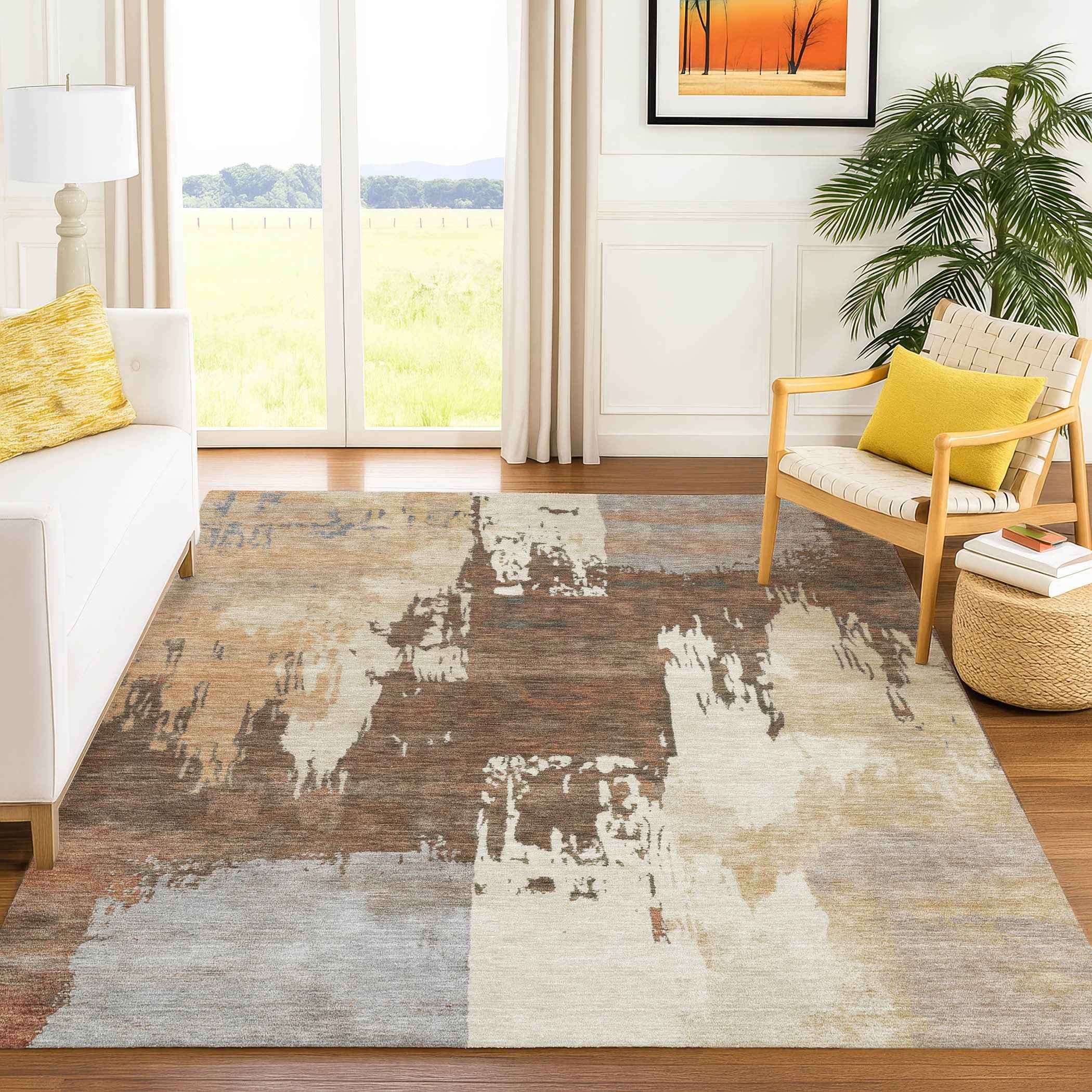 9' X 12' Rust Ivory And Gray Abstract Washable Indoor Outdoor Area Rug