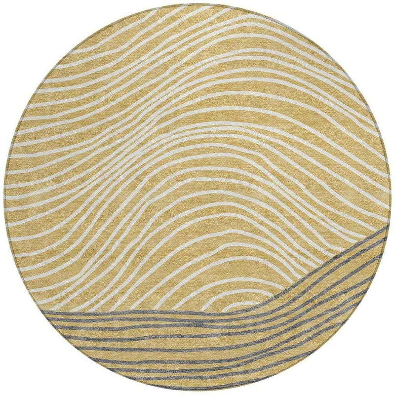 8' Gold Ivory And Charcoal Round Striped Washable Indoor Outdoor Area Rug
