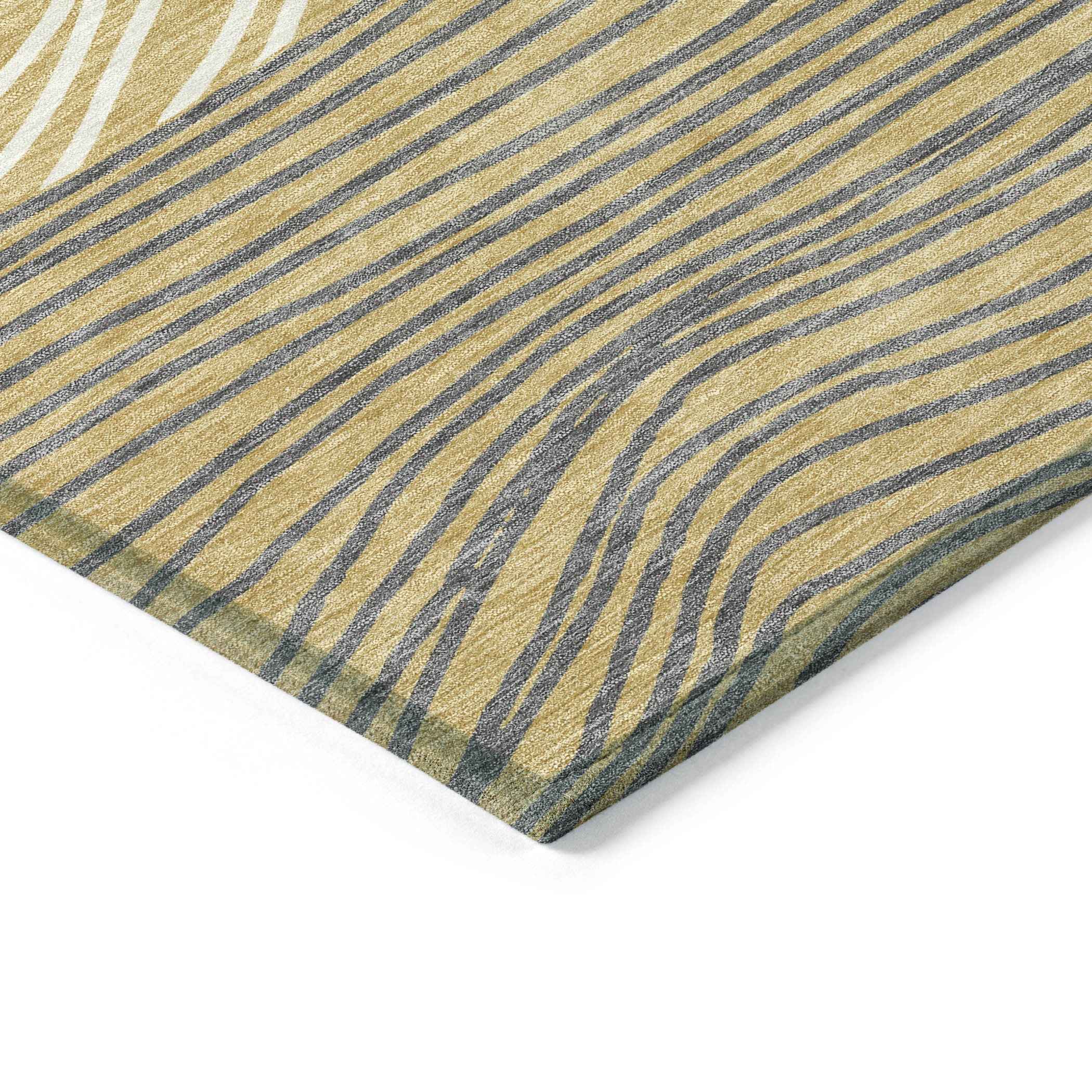 8' Gold Ivory And Charcoal Round Striped Washable Indoor Outdoor Area Rug