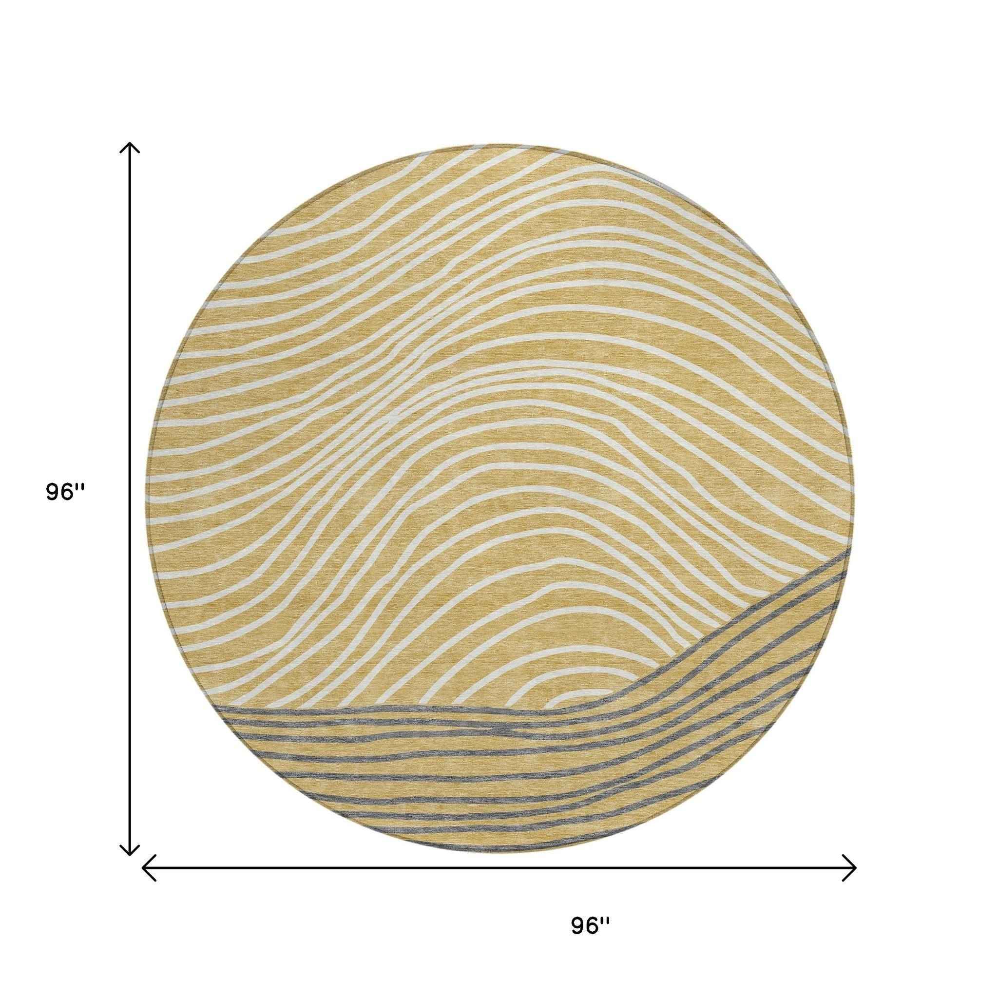 8' Gold Ivory And Charcoal Round Striped Washable Indoor Outdoor Area Rug
