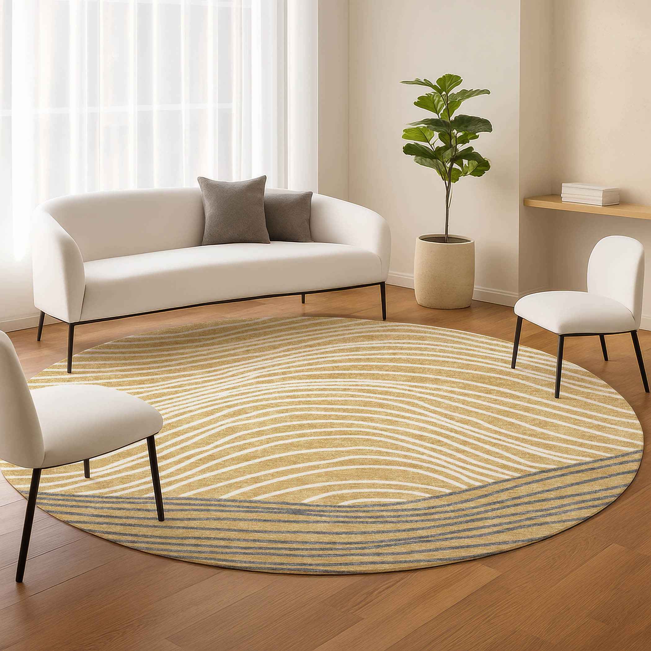 8' Gold Ivory And Charcoal Round Striped Washable Indoor Outdoor Area Rug