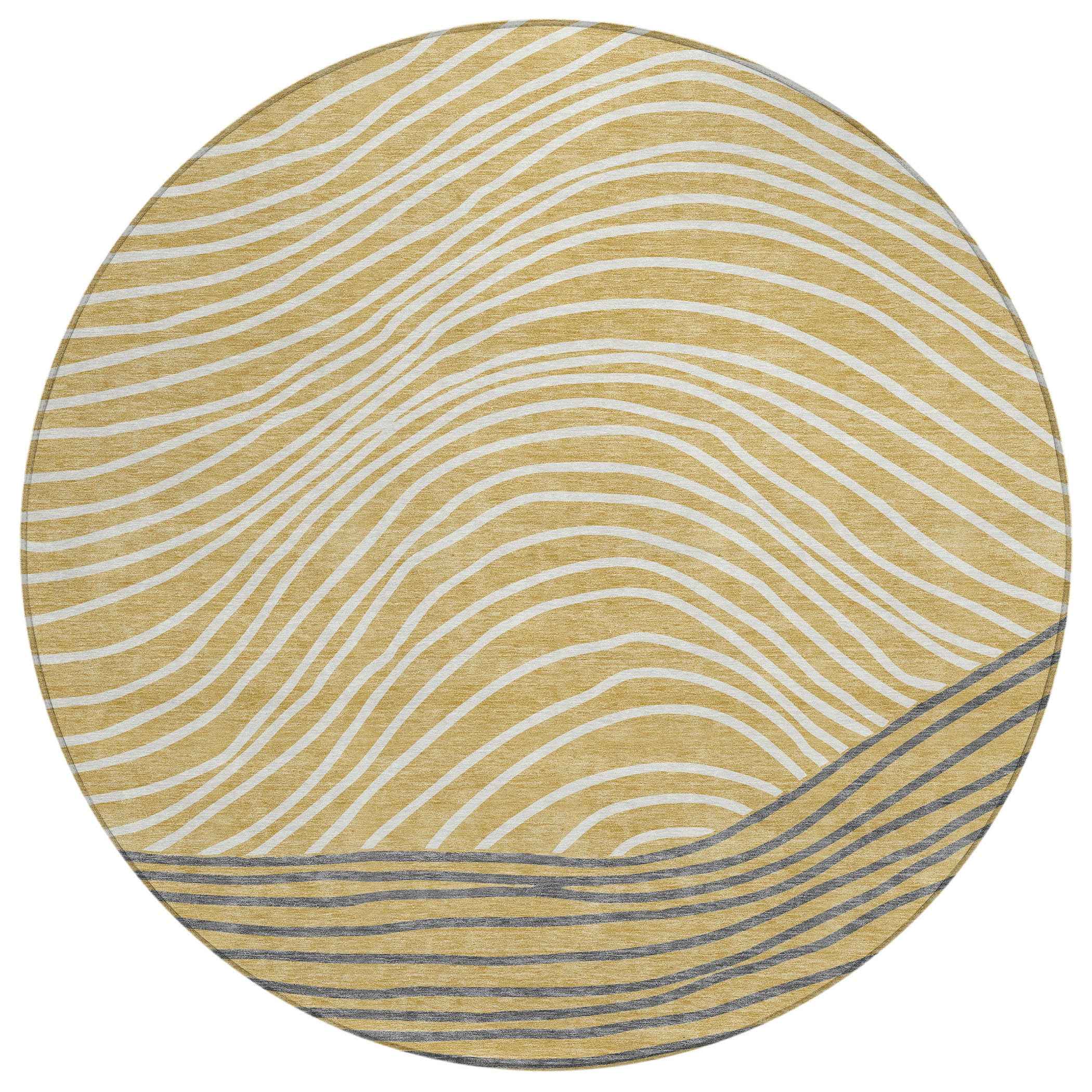 8' Gold Ivory And Charcoal Round Striped Washable Indoor Outdoor Area Rug