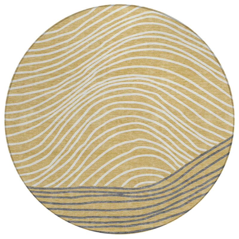 8' Gold Ivory And Charcoal Round Striped Washable Indoor Outdoor Area Rug