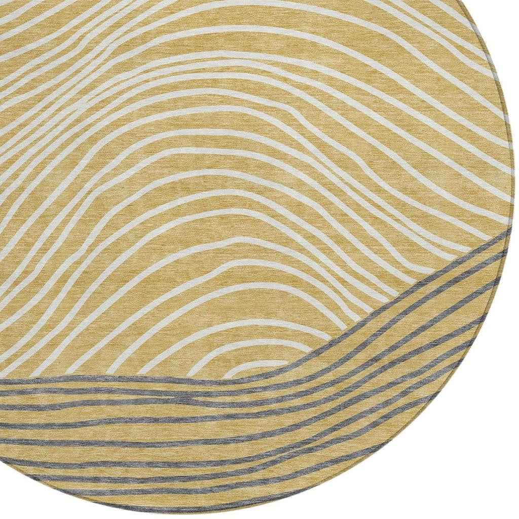 8' Gold Ivory And Charcoal Round Striped Washable Indoor Outdoor Area Rug