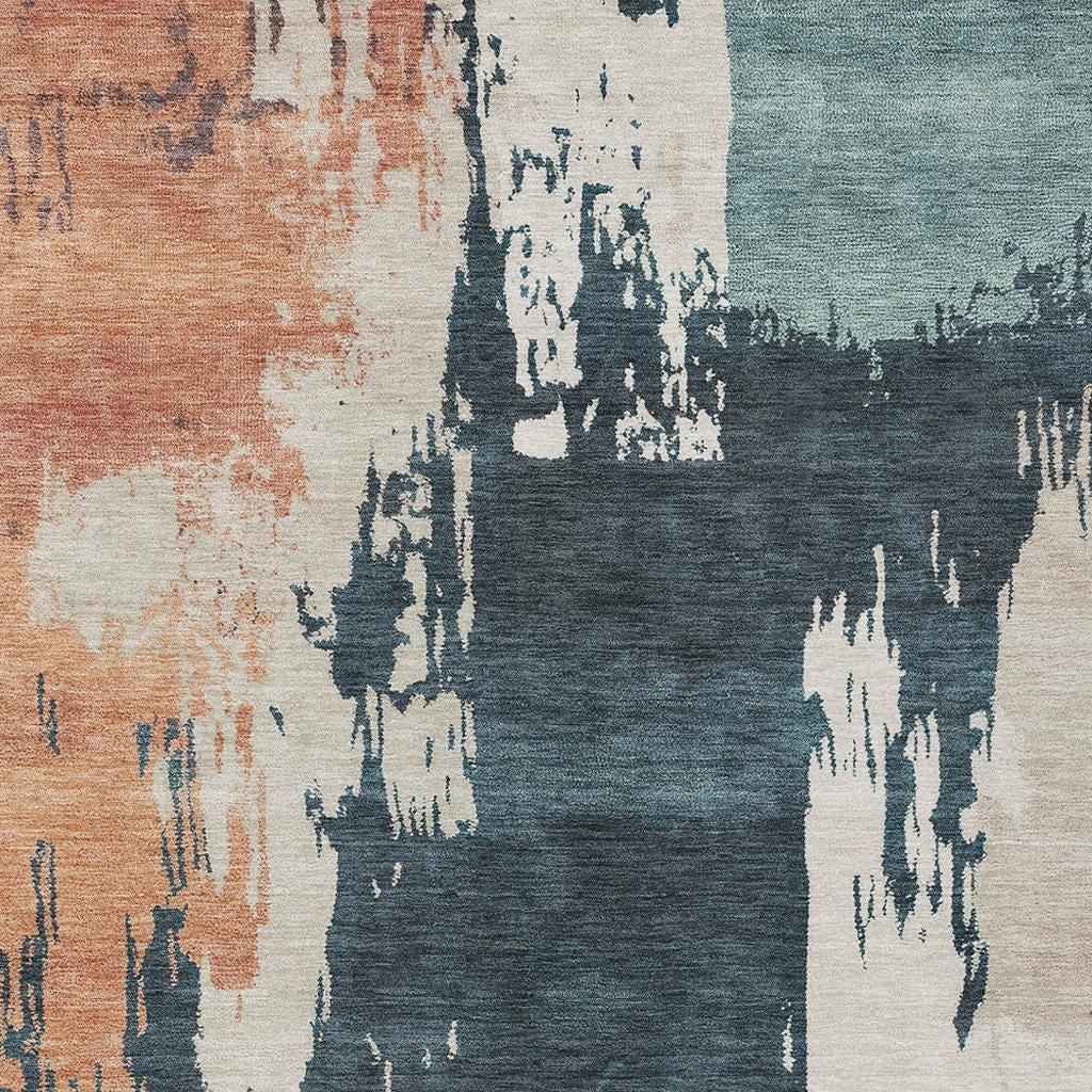10' X 14' Teal Blue Pink And Orange Abstract Washable Indoor Outdoor Area Rug
