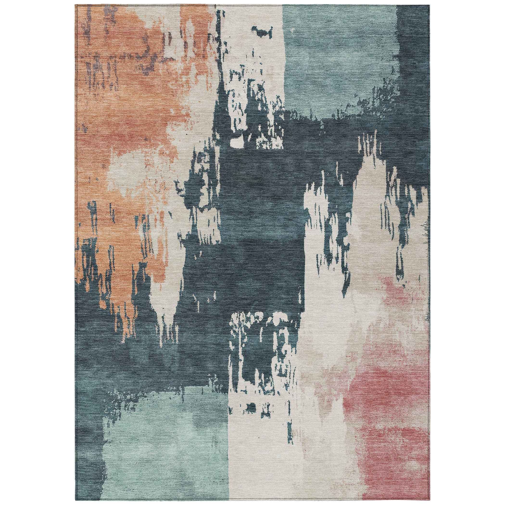 10' X 14' Teal Blue Pink And Orange Abstract Washable Indoor Outdoor Area Rug