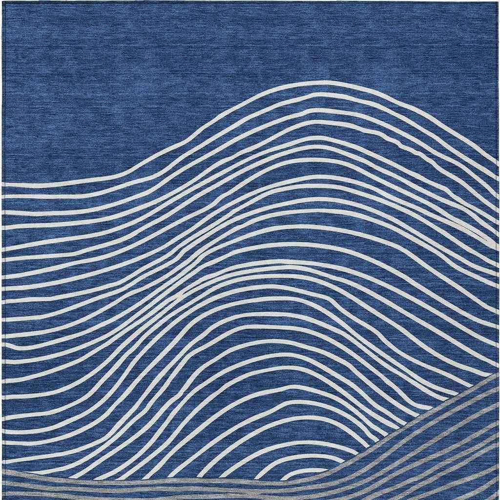 9' X 12' Navy Blue And Ivory Striped Washable Indoor Outdoor Area Rug