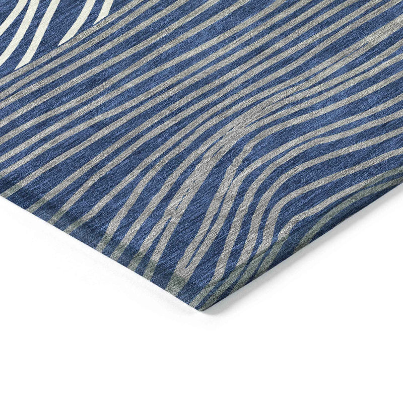 9' X 12' Navy Blue And Ivory Striped Washable Indoor Outdoor Area Rug