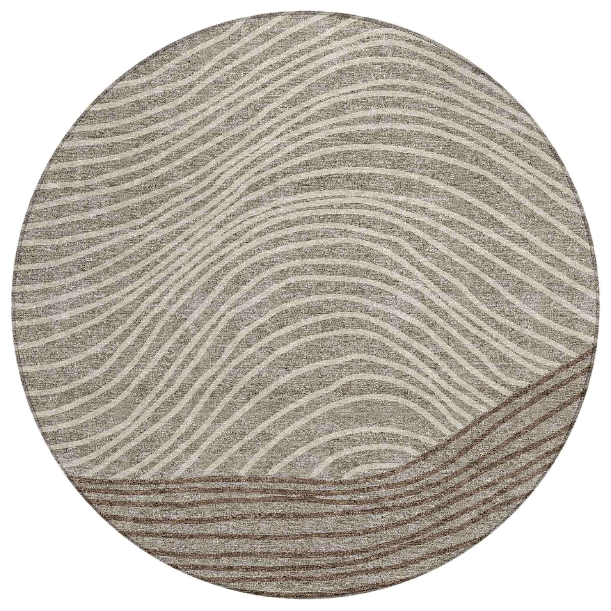 8' Taupe Beige And Brown Round Striped Washable Indoor Outdoor Area Rug