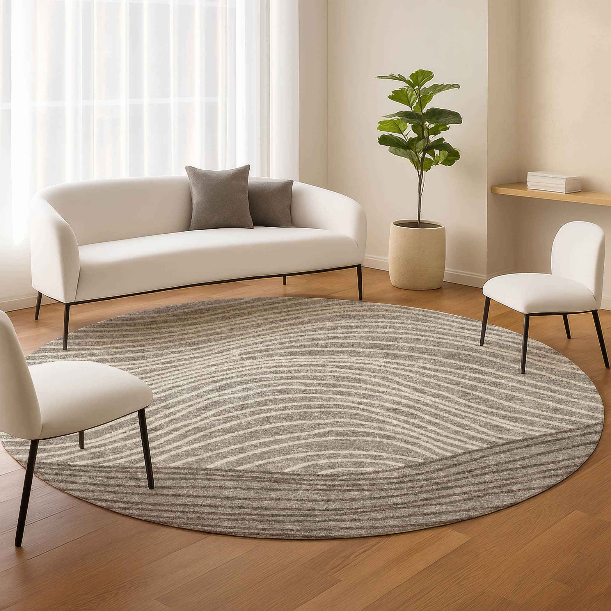 8' Taupe Beige And Brown Round Striped Washable Indoor Outdoor Area Rug