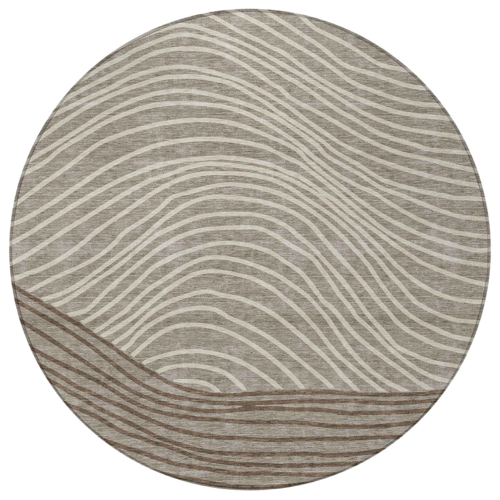 8' Taupe Beige And Brown Round Striped Washable Indoor Outdoor Area Rug