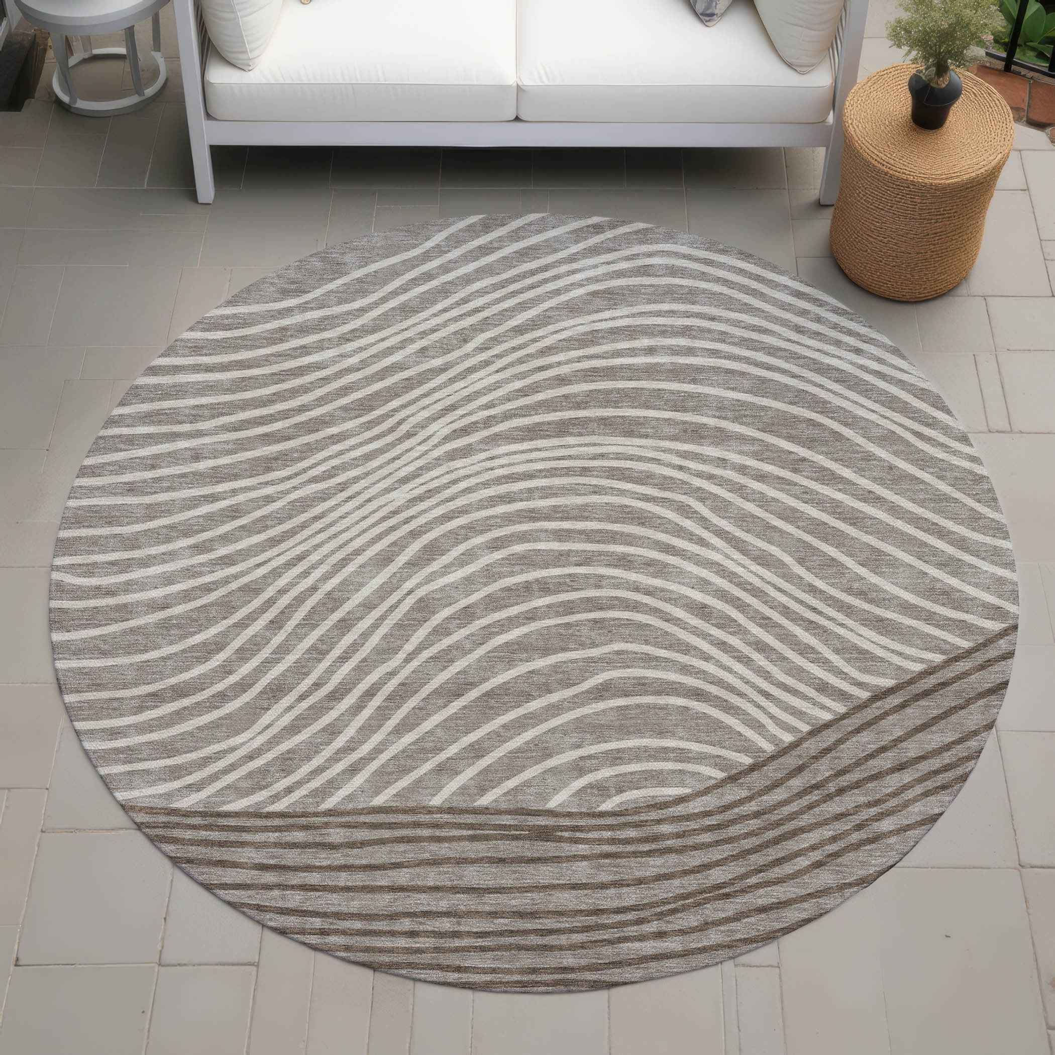 8' Taupe Beige And Brown Round Striped Washable Indoor Outdoor Area Rug