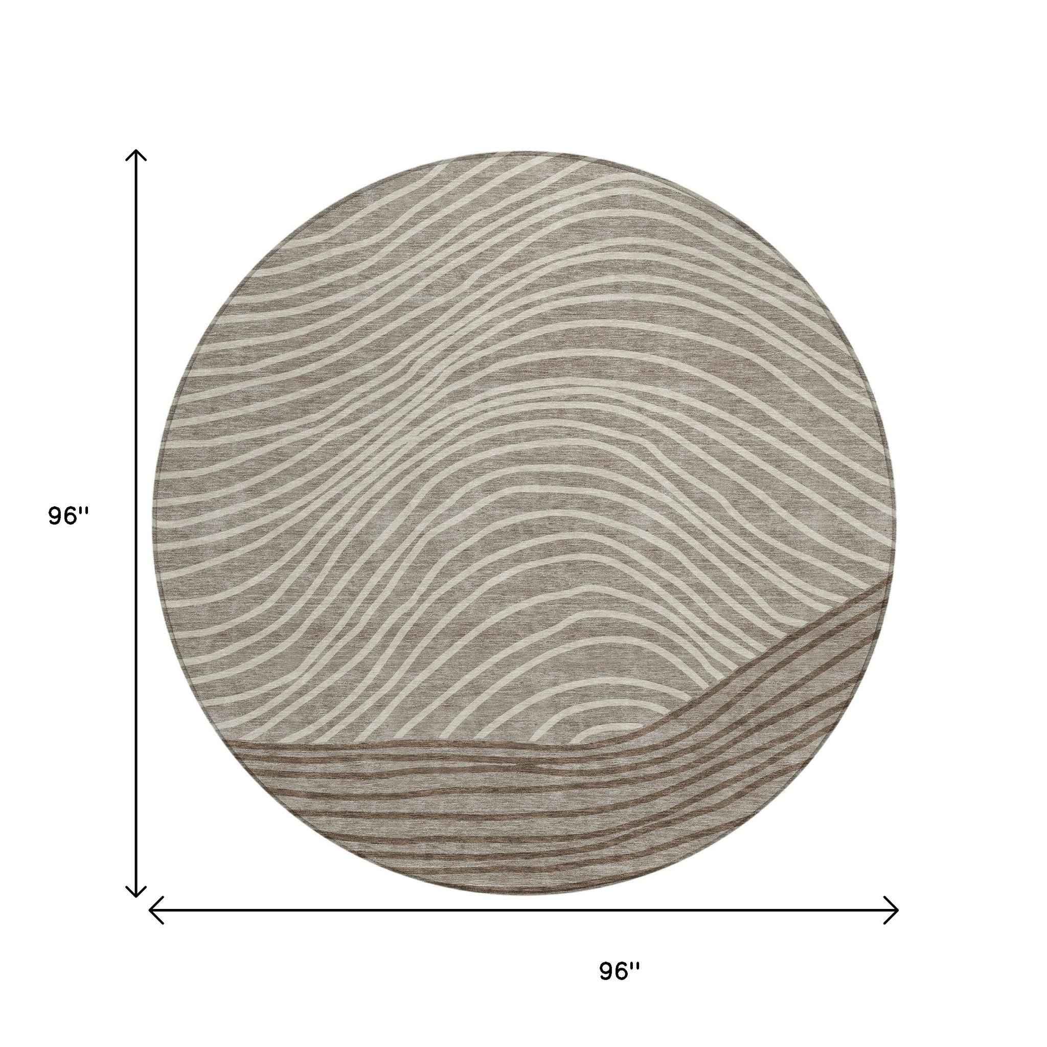 8' Taupe Beige And Brown Round Striped Washable Indoor Outdoor Area Rug