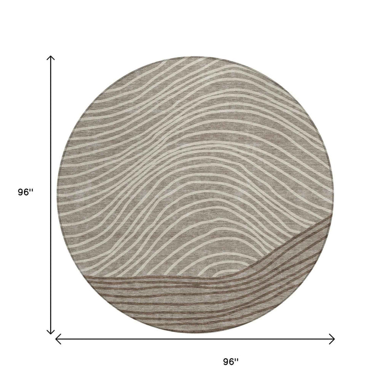 8' Taupe Beige And Brown Round Striped Washable Indoor Outdoor Area Rug