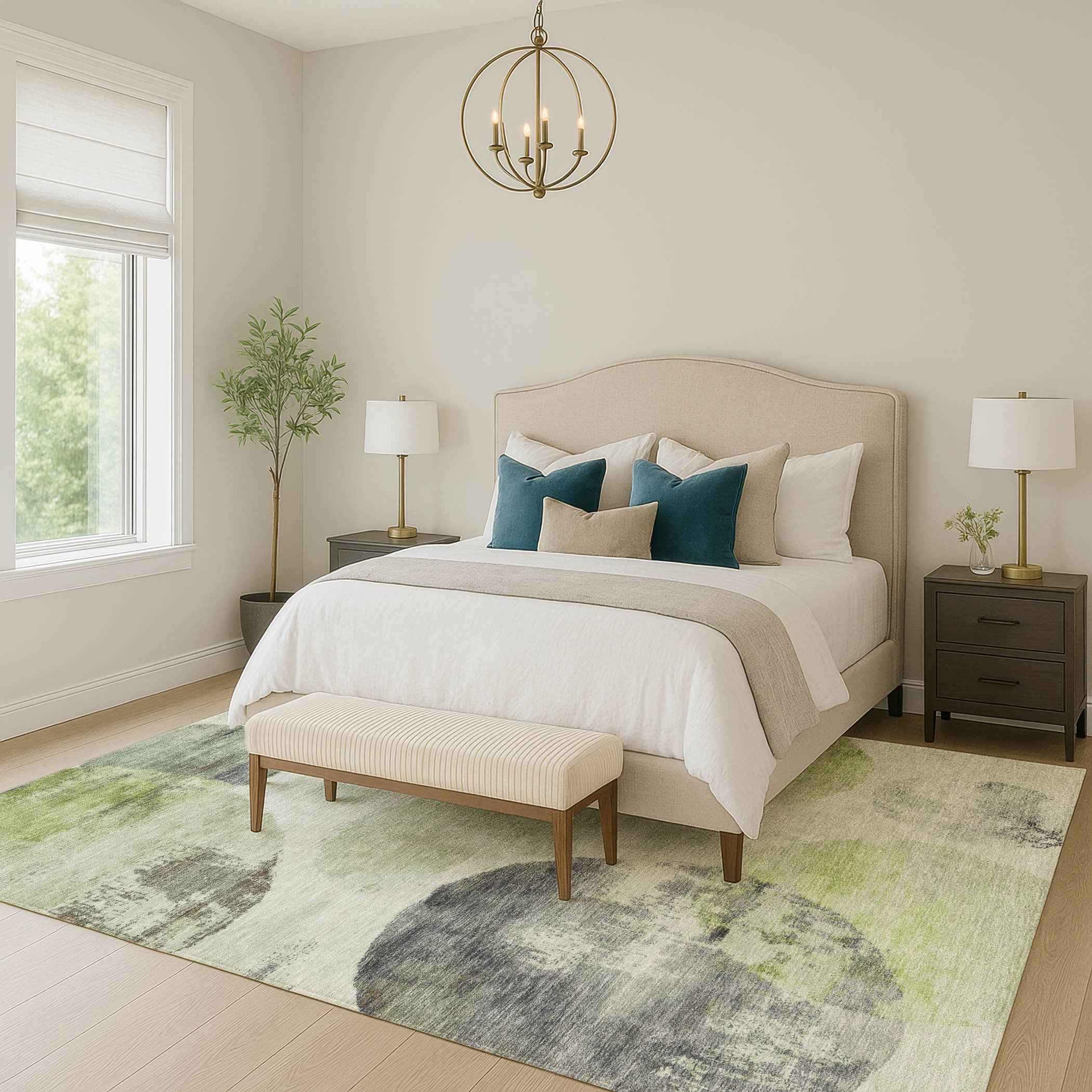 9' X 12' Artichoke Green And Ivory Abstract Washable Indoor Outdoor Area Rug