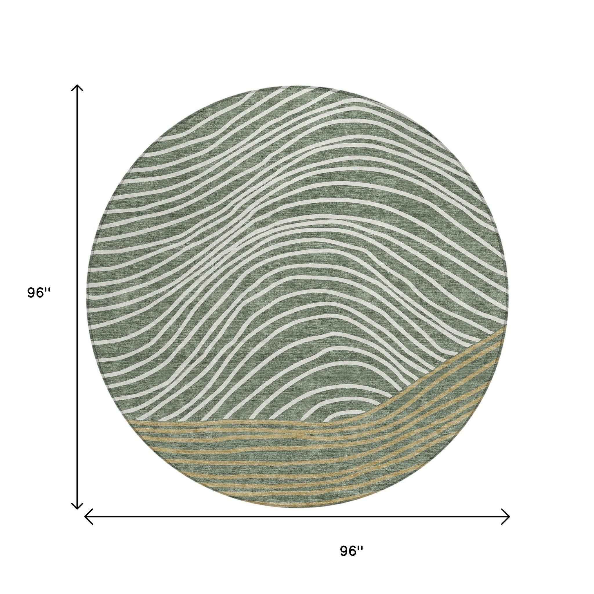 8' Fern Green Ivory And Gold Round Striped Washable Indoor Outdoor Area Rug