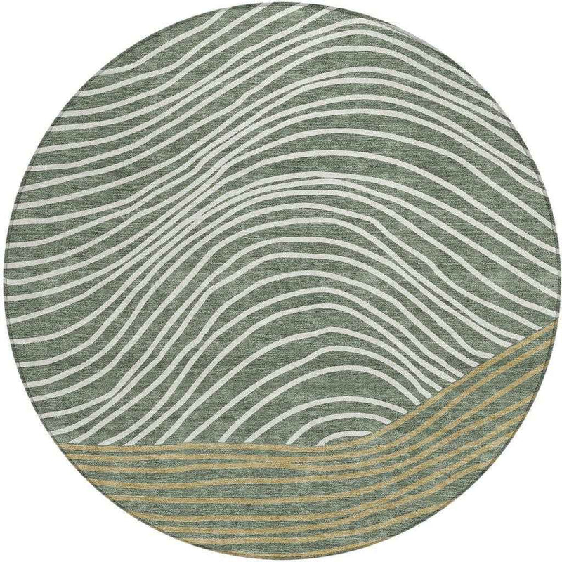 8' Fern Green Ivory And Gold Round Striped Washable Indoor Outdoor Area Rug