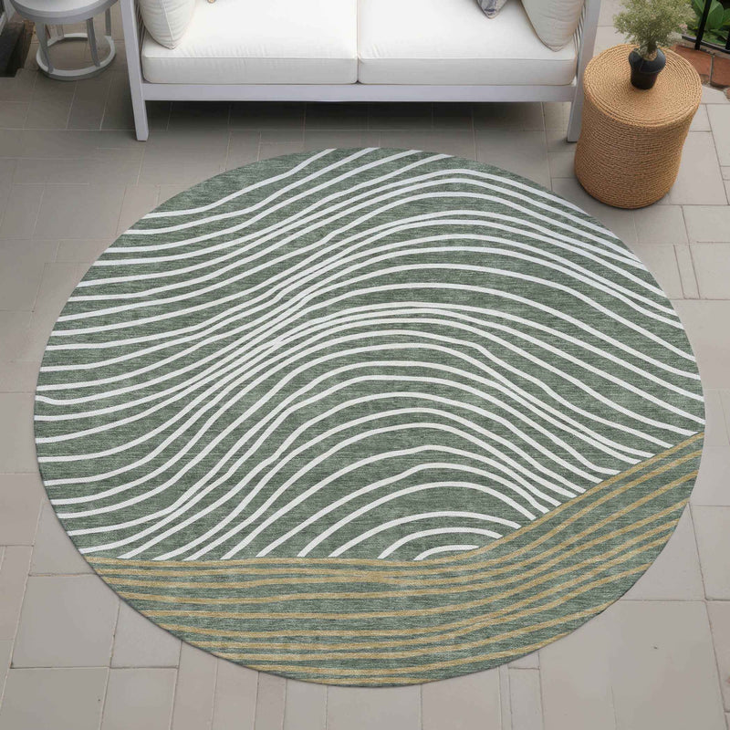 8' Fern Green Ivory And Gold Round Striped Washable Indoor Outdoor Area Rug