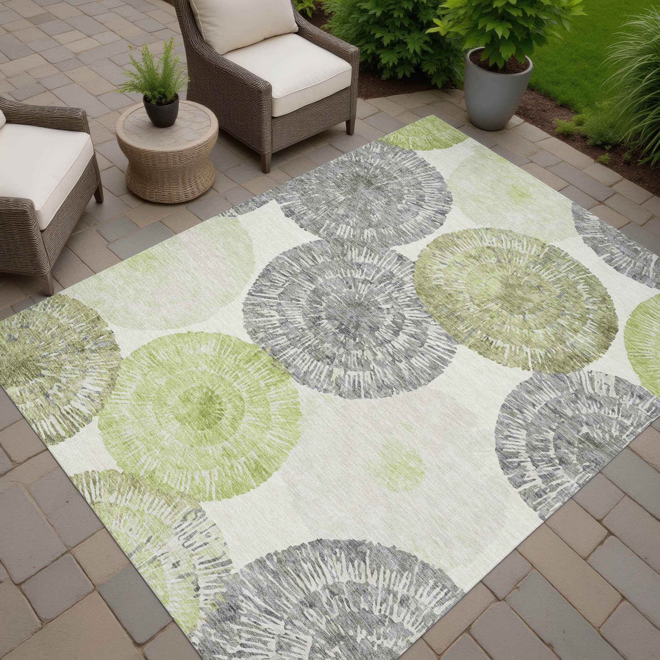 8' X 10' Artichoke Green Ivory And Gray Abstract Washable Indoor Outdoor Area Rug