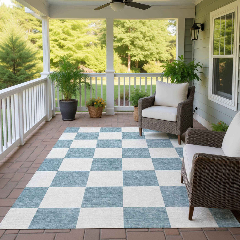 3' X 5' Teal Blue And Ivory Geometric Washable Indoor Outdoor Area Rug