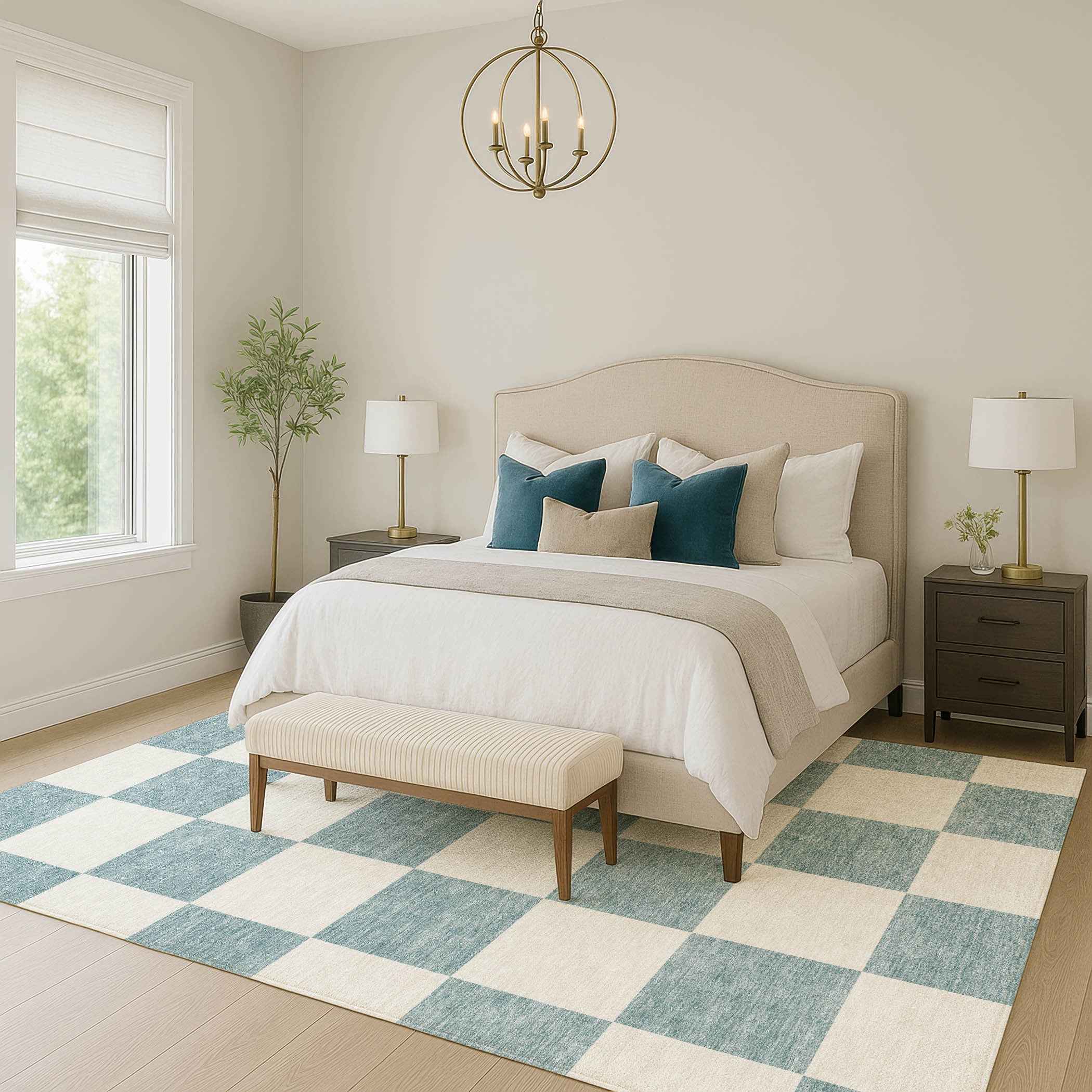 3' X 5' Teal Blue And Ivory Geometric Washable Indoor Outdoor Area Rug