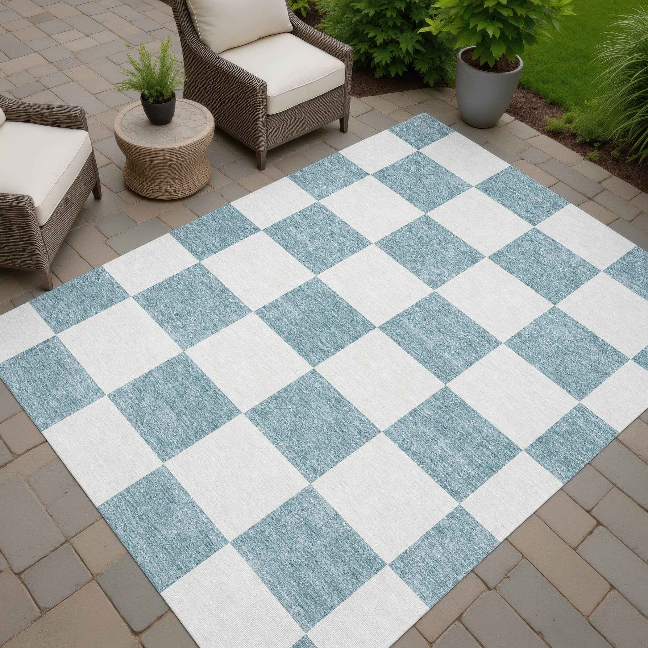 5' X 8' Teal Blue And Ivory Geometric Washable Indoor Outdoor Area Rug