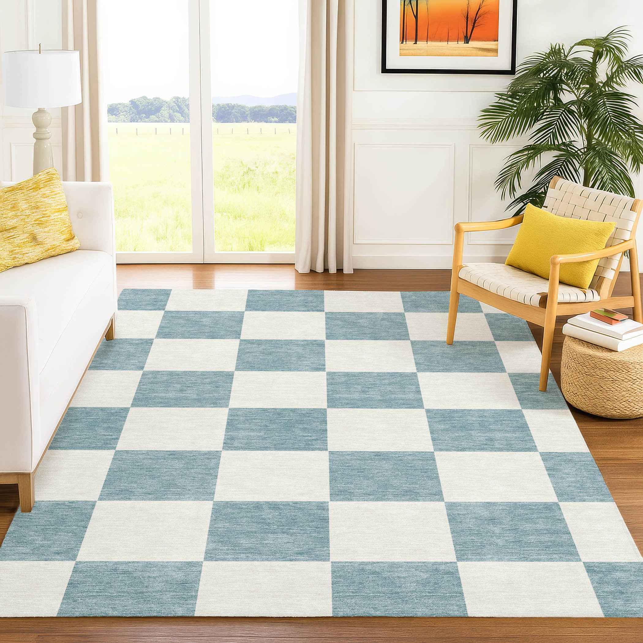 5' X 8' Teal Blue And Ivory Geometric Washable Indoor Outdoor Area Rug