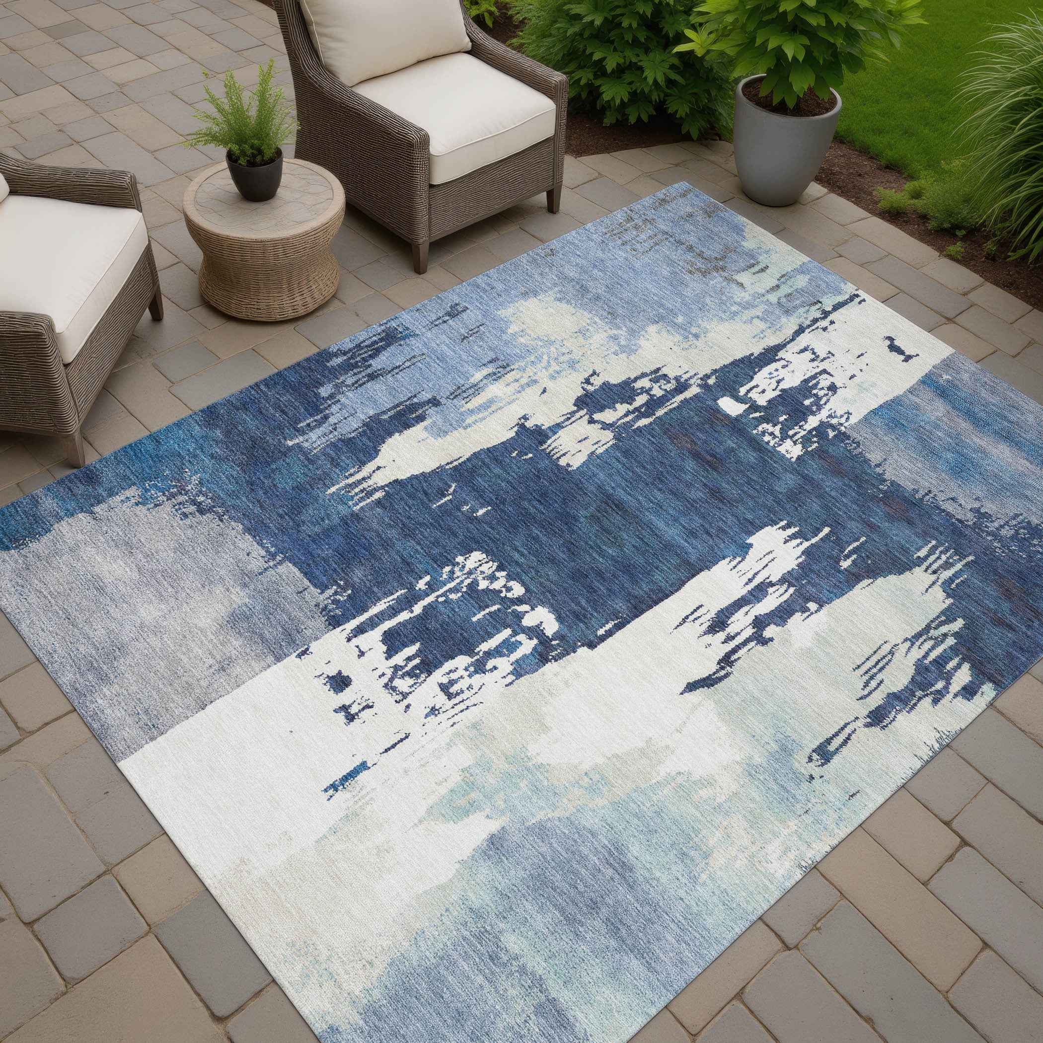 10' X 14' Blue And Ivory Abstract Washable Indoor Outdoor Area Rug