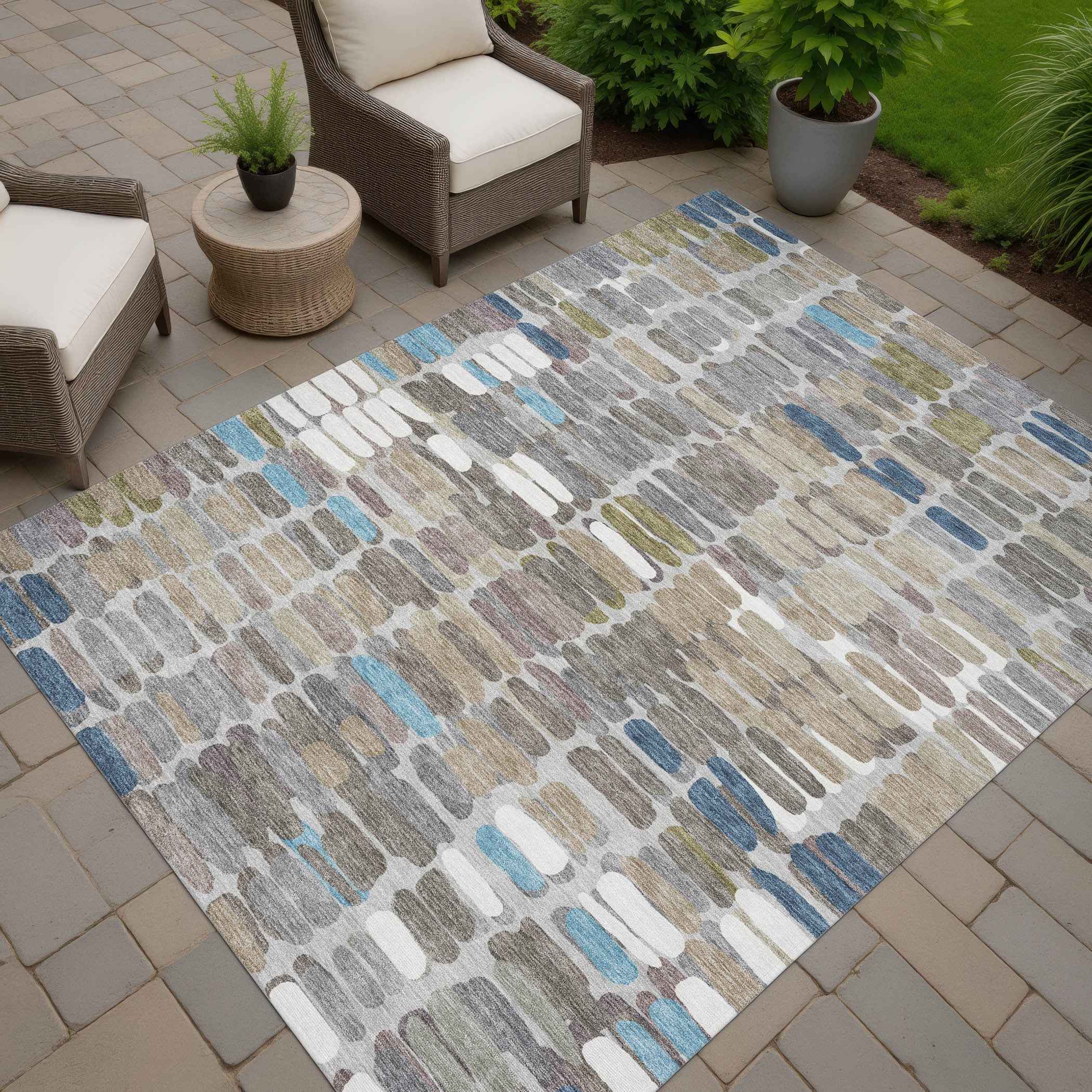 8' X 10' Taupe Ivory And Blue Abstract Washable Indoor Outdoor Area Rug