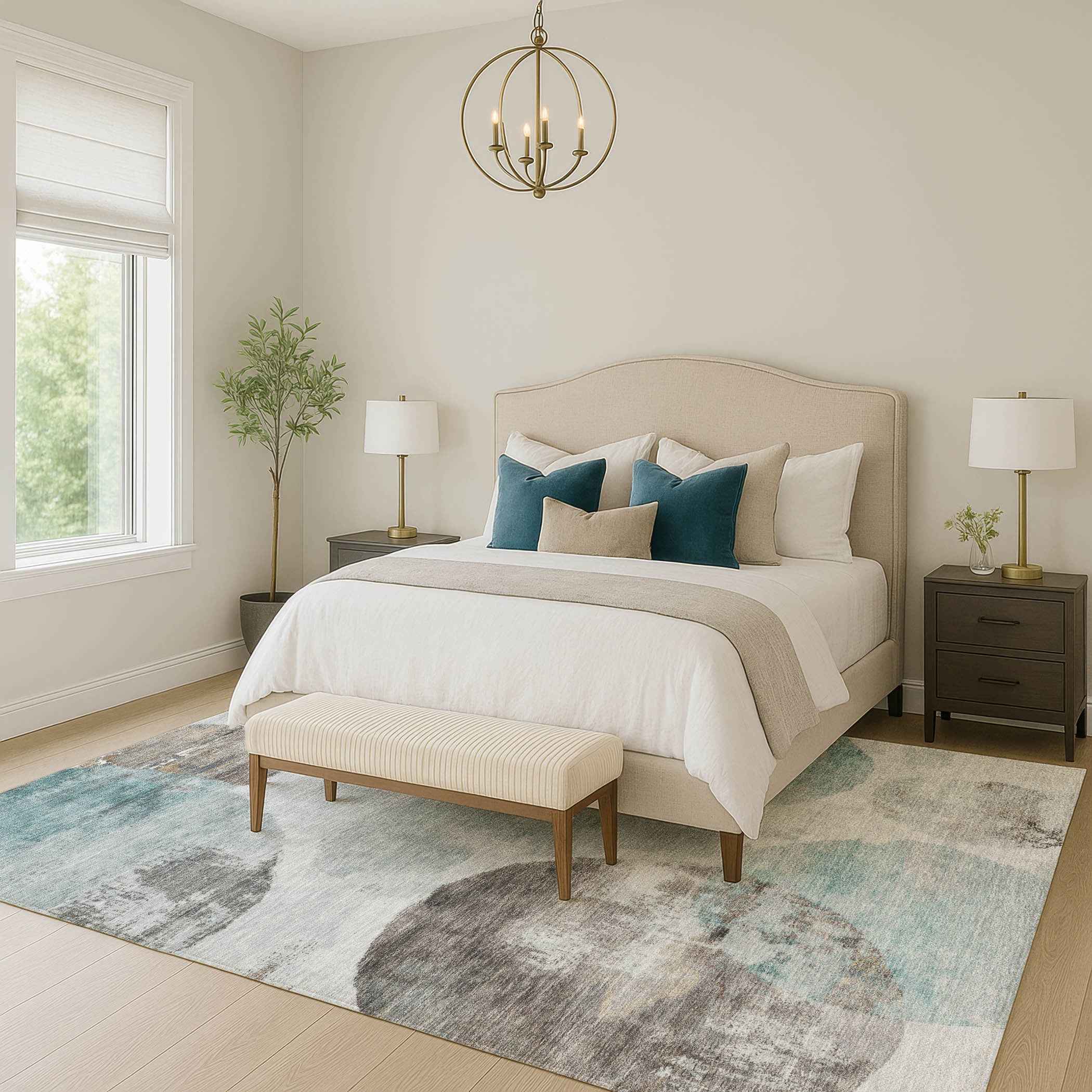 8' X 10' Teal Blue Ivory And Taupe Abstract Washable Indoor Outdoor Area Rug