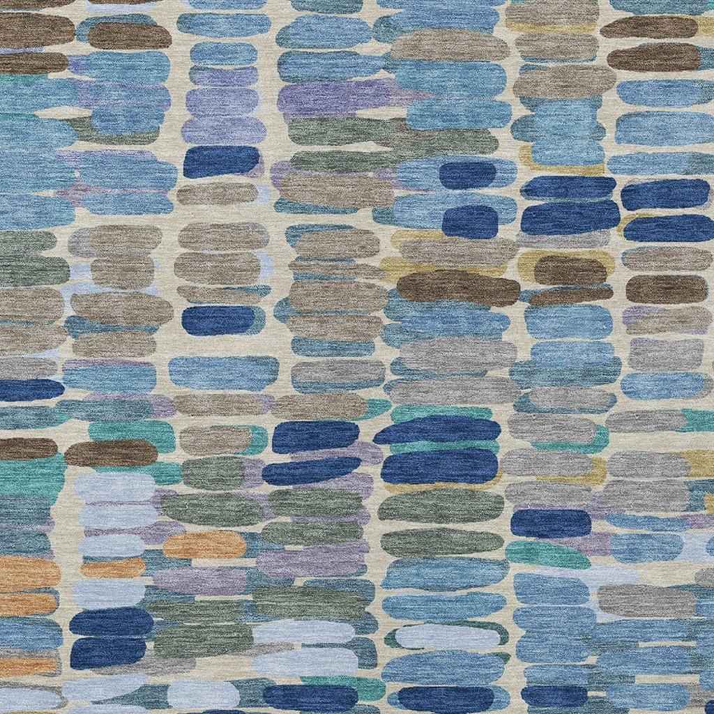 3' X 5' Denim Blue Wheat And Beige Abstract Washable Indoor Outdoor Area Rug