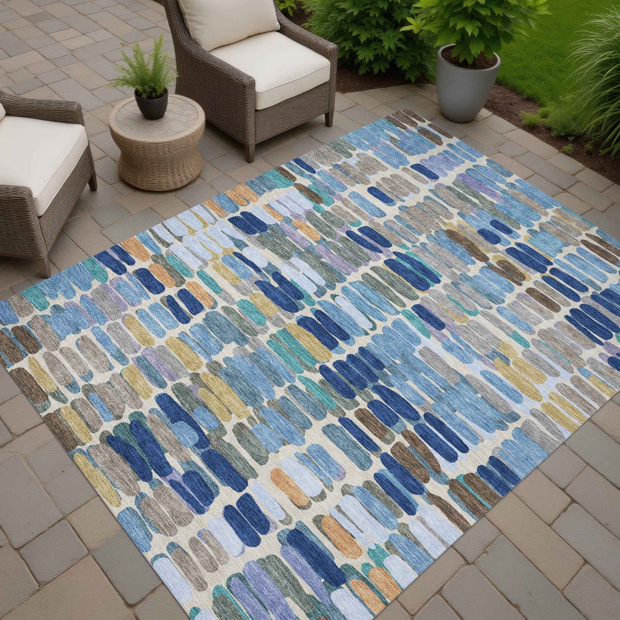 3' X 5' Denim Blue Wheat And Beige Abstract Washable Indoor Outdoor Area Rug