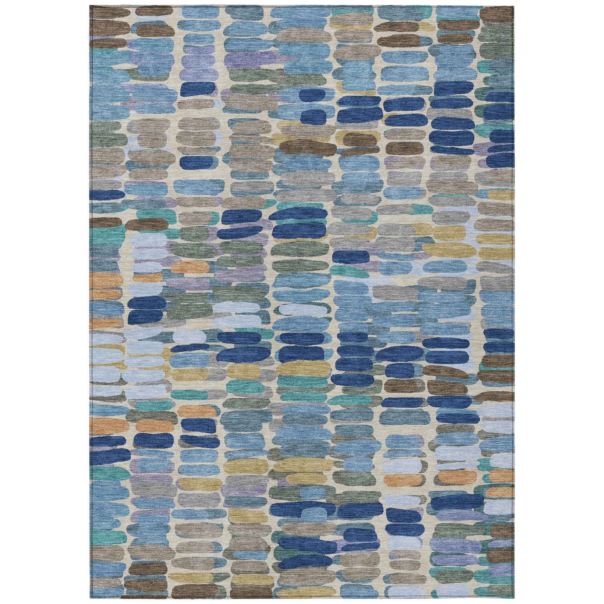 3' X 5' Denim Blue Wheat And Beige Abstract Washable Indoor Outdoor Area Rug